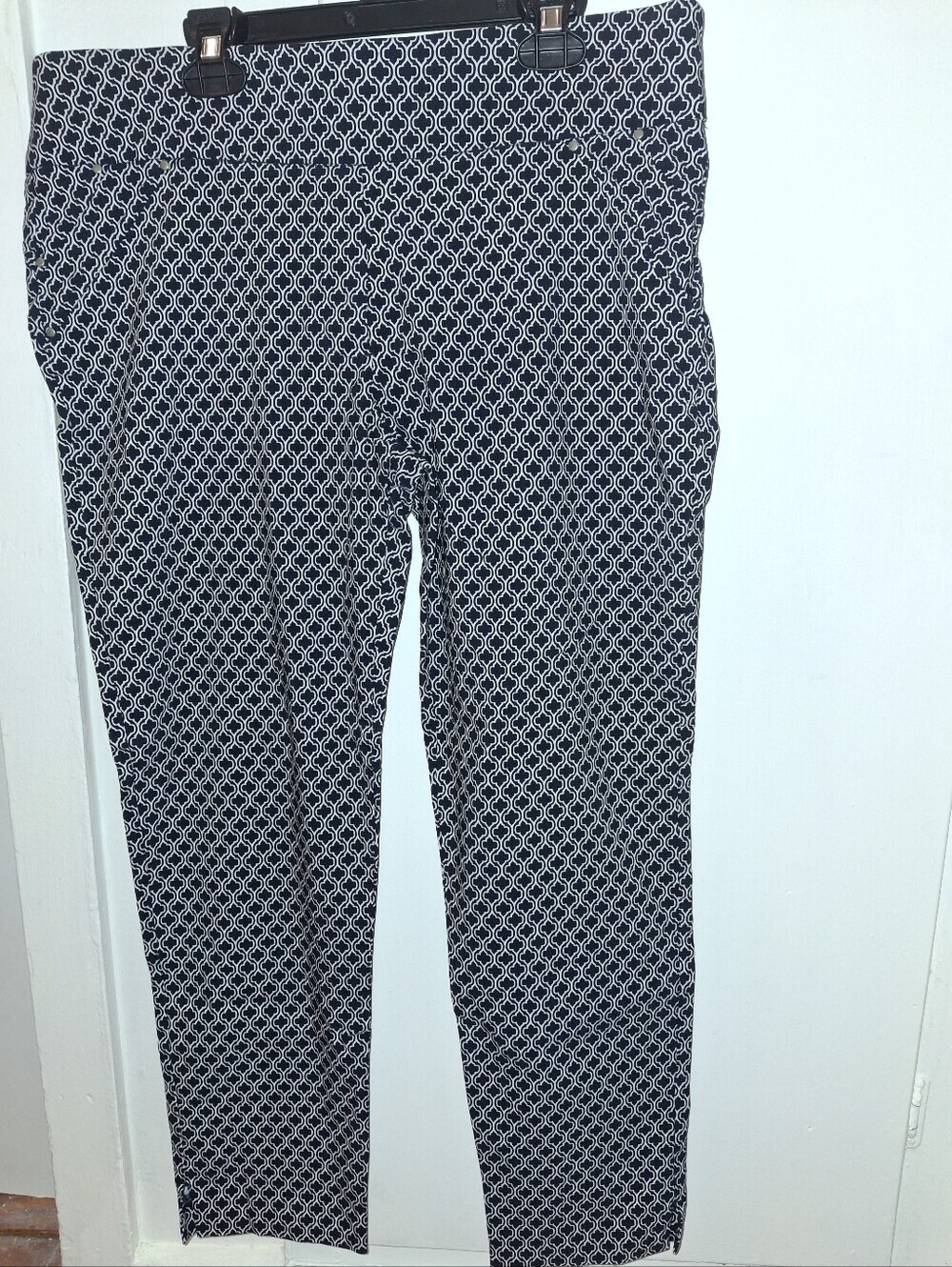 Navy & White Geometric Print Slim Pants